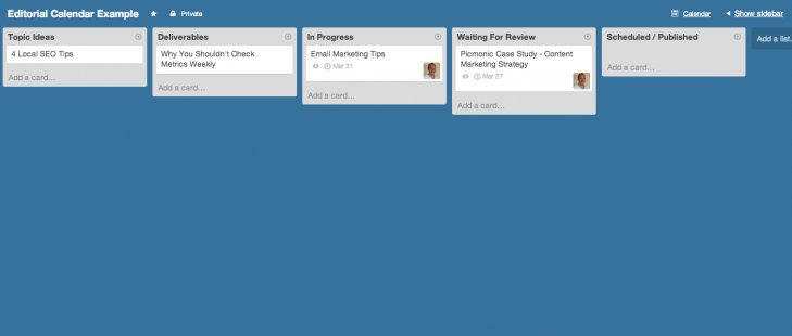 Trello Kanban example for managing your content marketing plan.