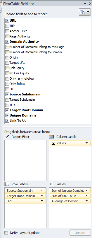 Excel - Pivot Table Field List