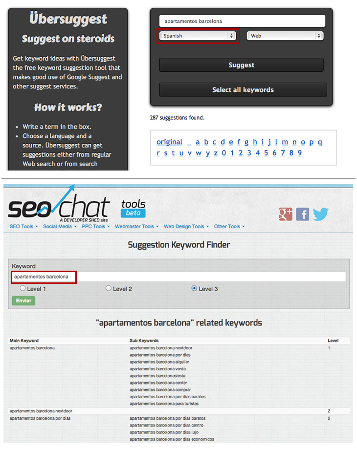 Ubersuggest and SEOchat Suggestion Keyword Finder