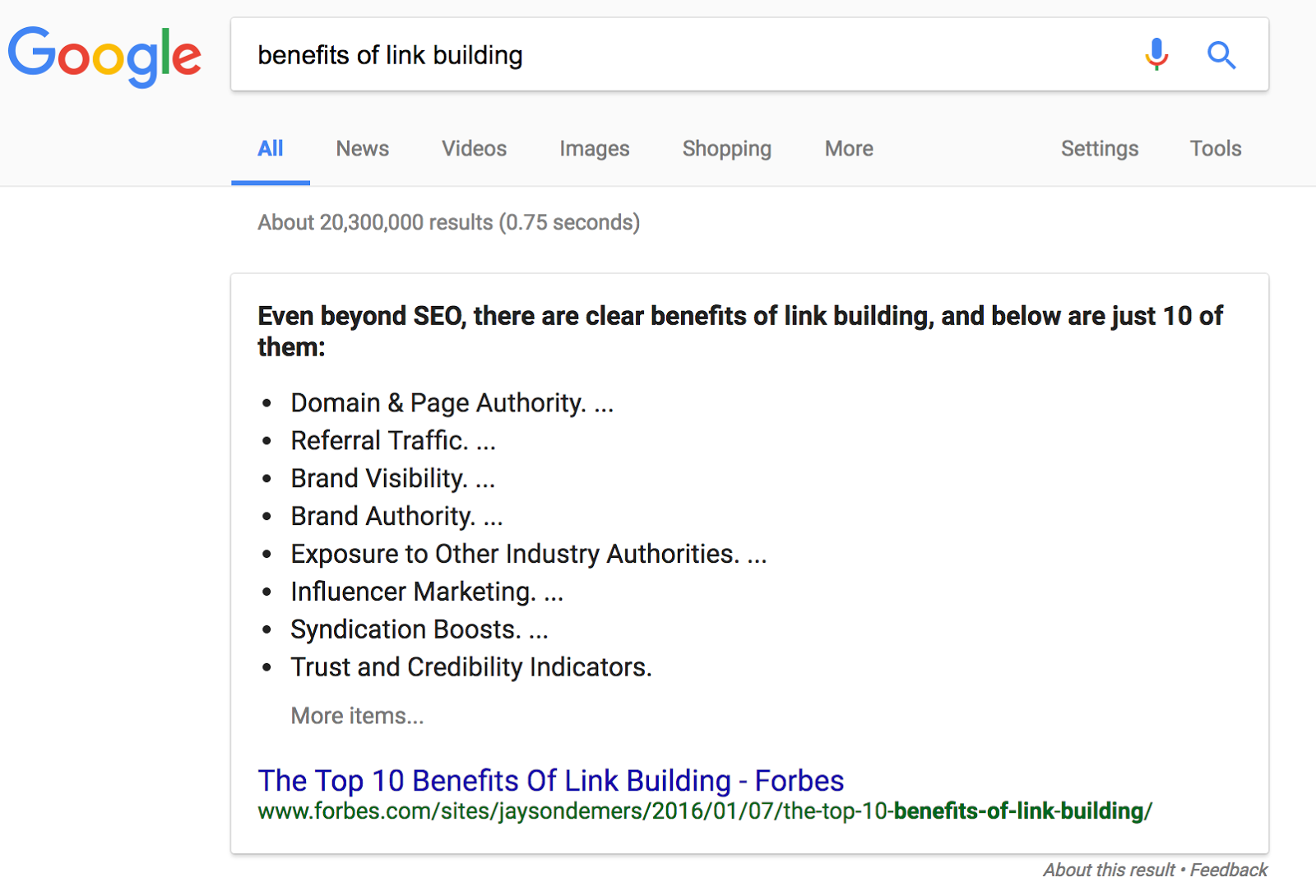 Screenshot: SERP & snippet for "benefits of link building"