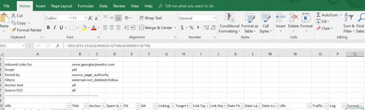 Excel formula: =D11+(F11-E11)+(LOG(G11+1)*10)+(LOG(O11+1)*10)