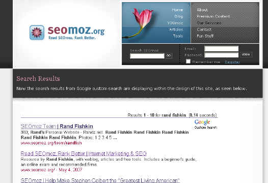 Search results in current design of site