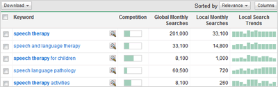 Keyword Research Results for Speech Therapy