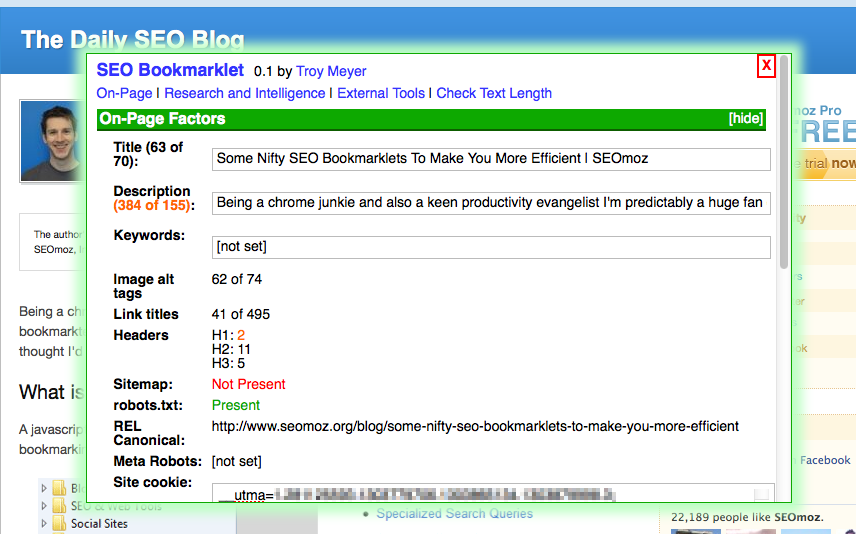 A screenshot of the SEO Bookmarklet in action