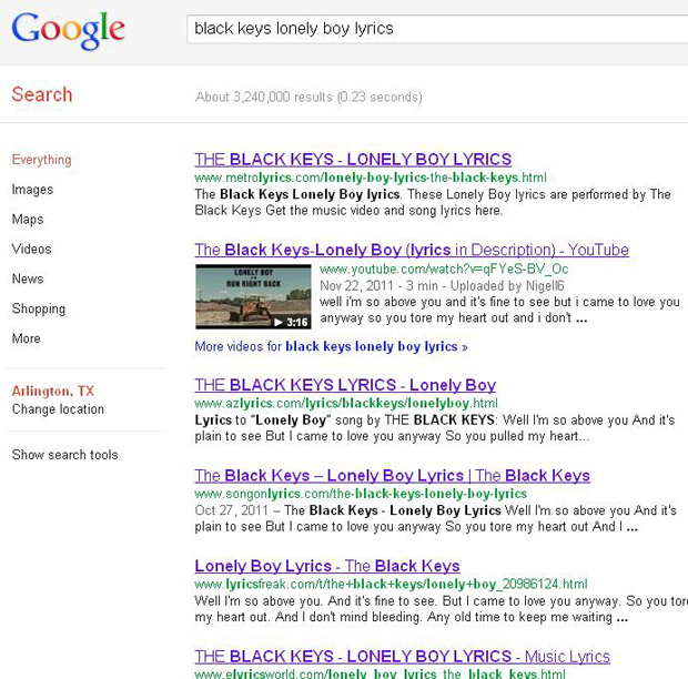 example of a lyrics search on Google