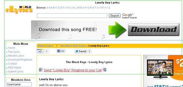 a lyrics website with a banner advertising free music downloads