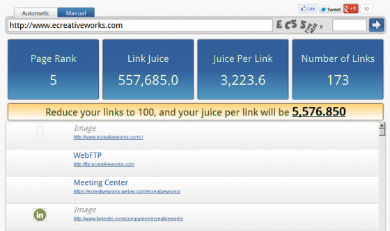 Internal link juice tool in action