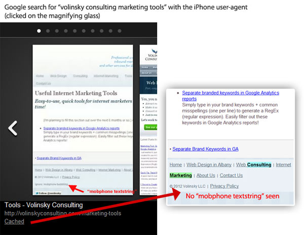 Google Mobile Search = Cached full, desktop site