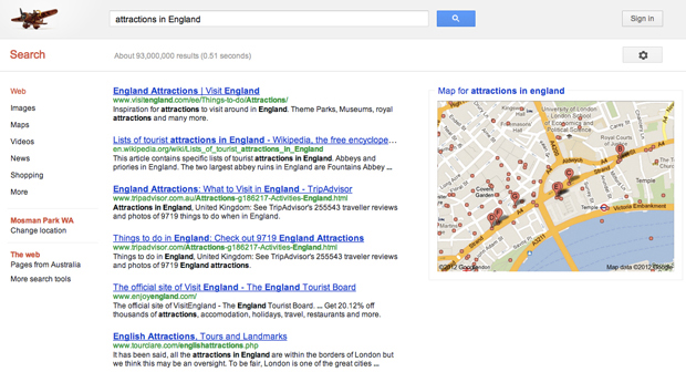 Search Query "Attractions in England" in Google Australia