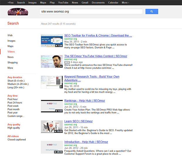 Video Index for Seomoz.org