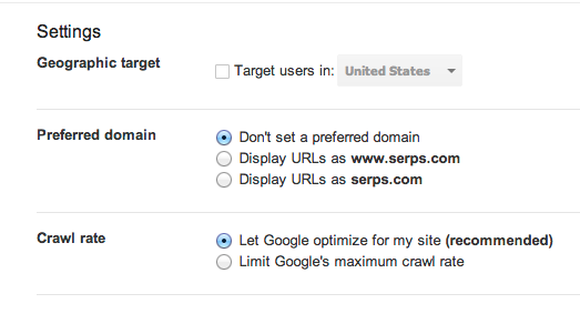 Google Webmaster Tools Settings