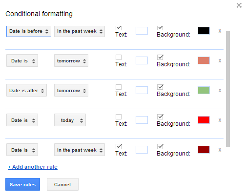 Date conditional formatting setup