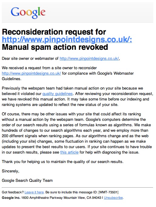 Google Manual Spam Action Revoked