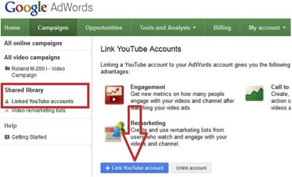 Screenshot showing how to link Adwords to YouTube