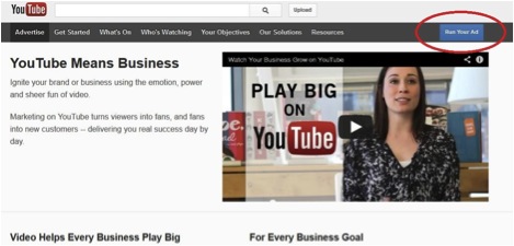 Screenshot of YoutTube Advertising Home Page