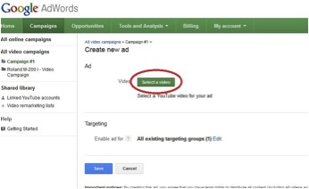 Screenshot of select a YouTube video screen in Google Adwords