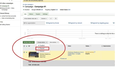 Screenshot showing how to pause an Adwords Video display ad campaign