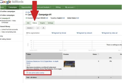Screenshot showing Add Call to Action Hyperlink in Adwords Dashboard