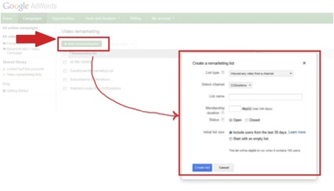 Step 2 of setting up video remarketing in Google Adwords