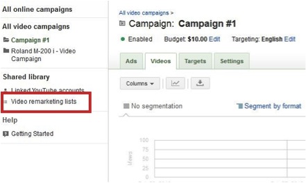Screenshot showing where to set up Video Remarketing in Google Adwords