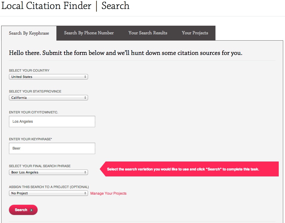Whitespark Interface for Searching