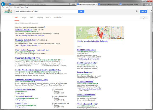 Screenshot of Google Local Search Results for "preschools boulder Colorado":