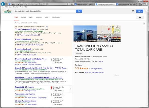 Screenshot of Google Local Search Results for "transmission repair Broomfield CO":