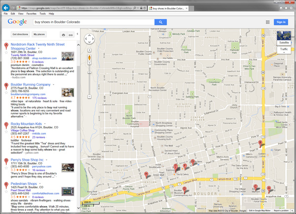 Screenshot of Google Local Search Results for "buy shoes in Boulder Colorado"