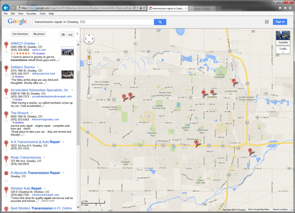 Screenshot of Google Local Search Results for transmission repair Greeley Colorado