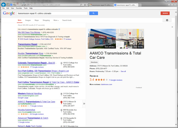 Screenshot of Google Local Search Results for transmission repair Ft. Collins Colorado