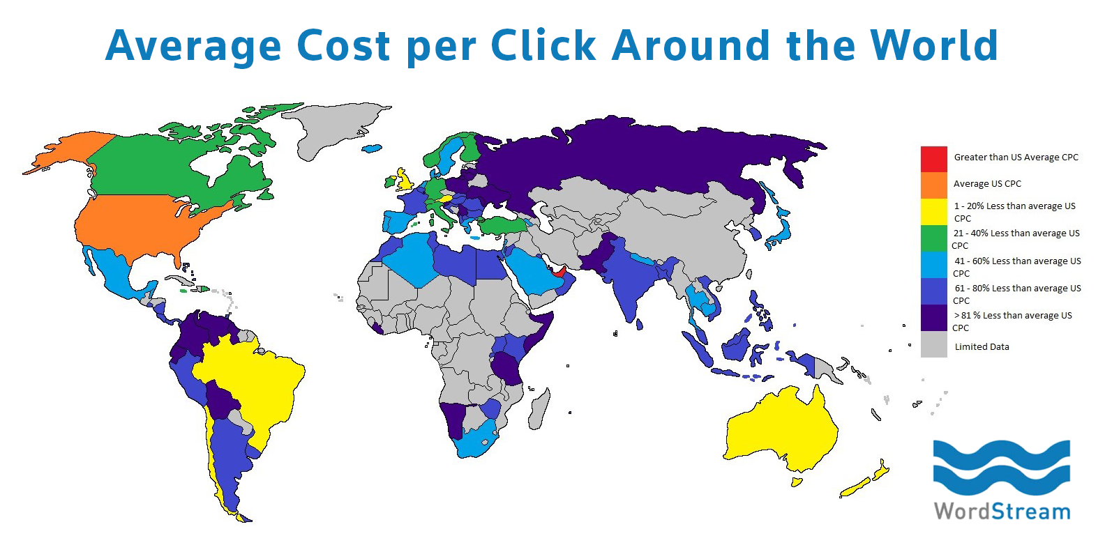 Heat map of average cost per click around the world.