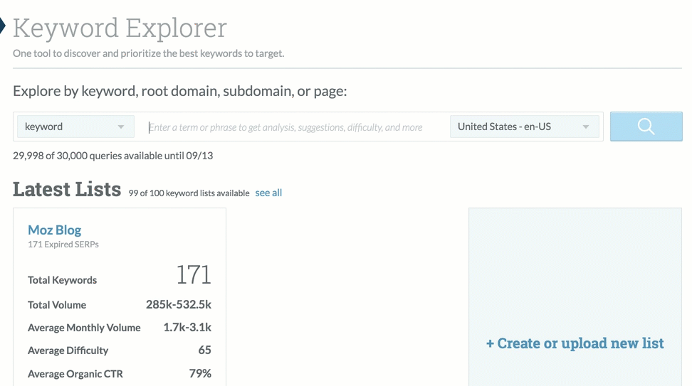 Gif of someone searching moz.com by root domain in Keyword Explorer