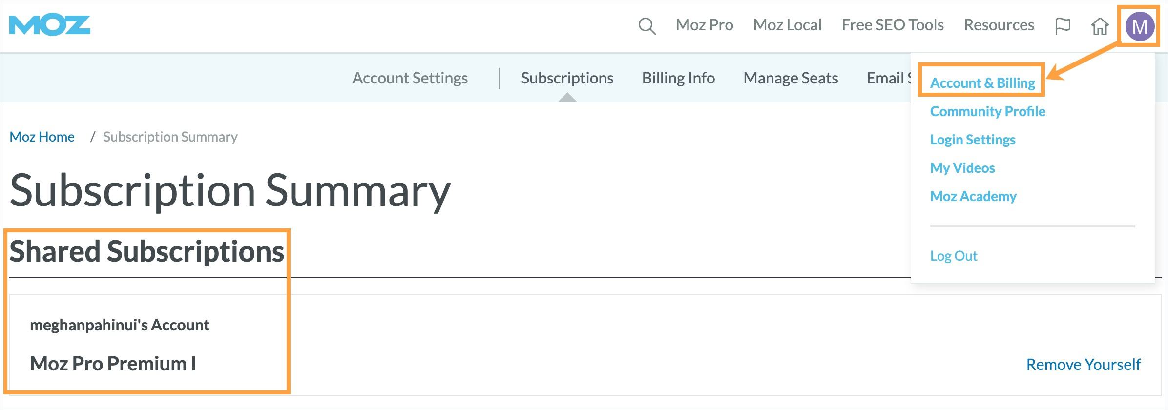 Screenshot of the Moz Subscription Summary page. Yellow boxes appear around the