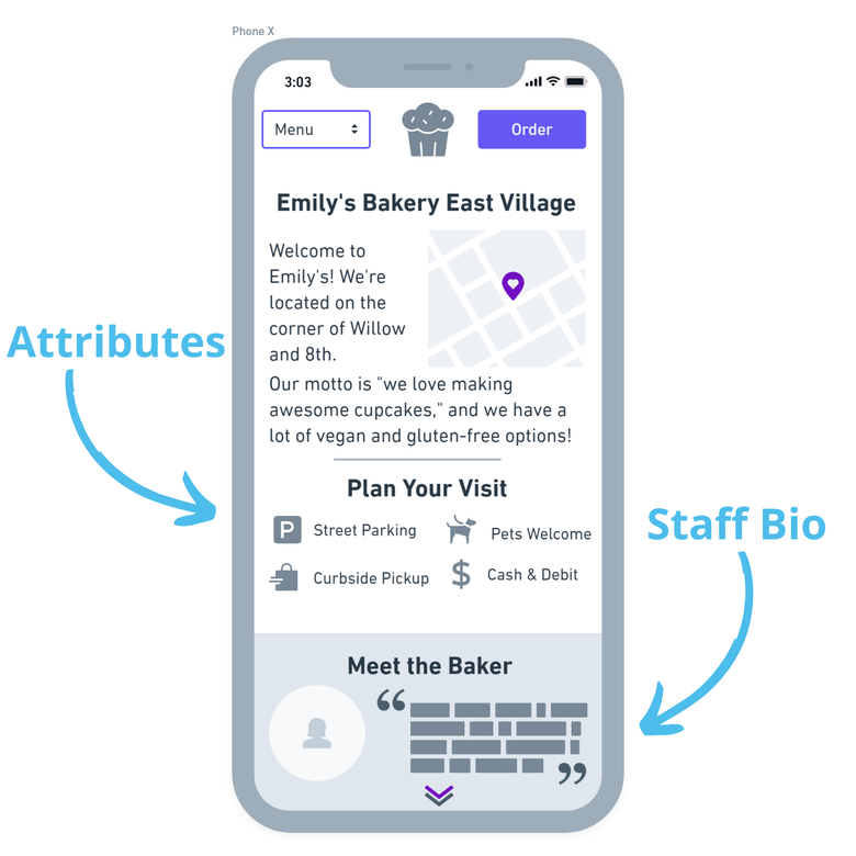 Illustration of a mobile phone showing a location page example with attributes and staff bios.