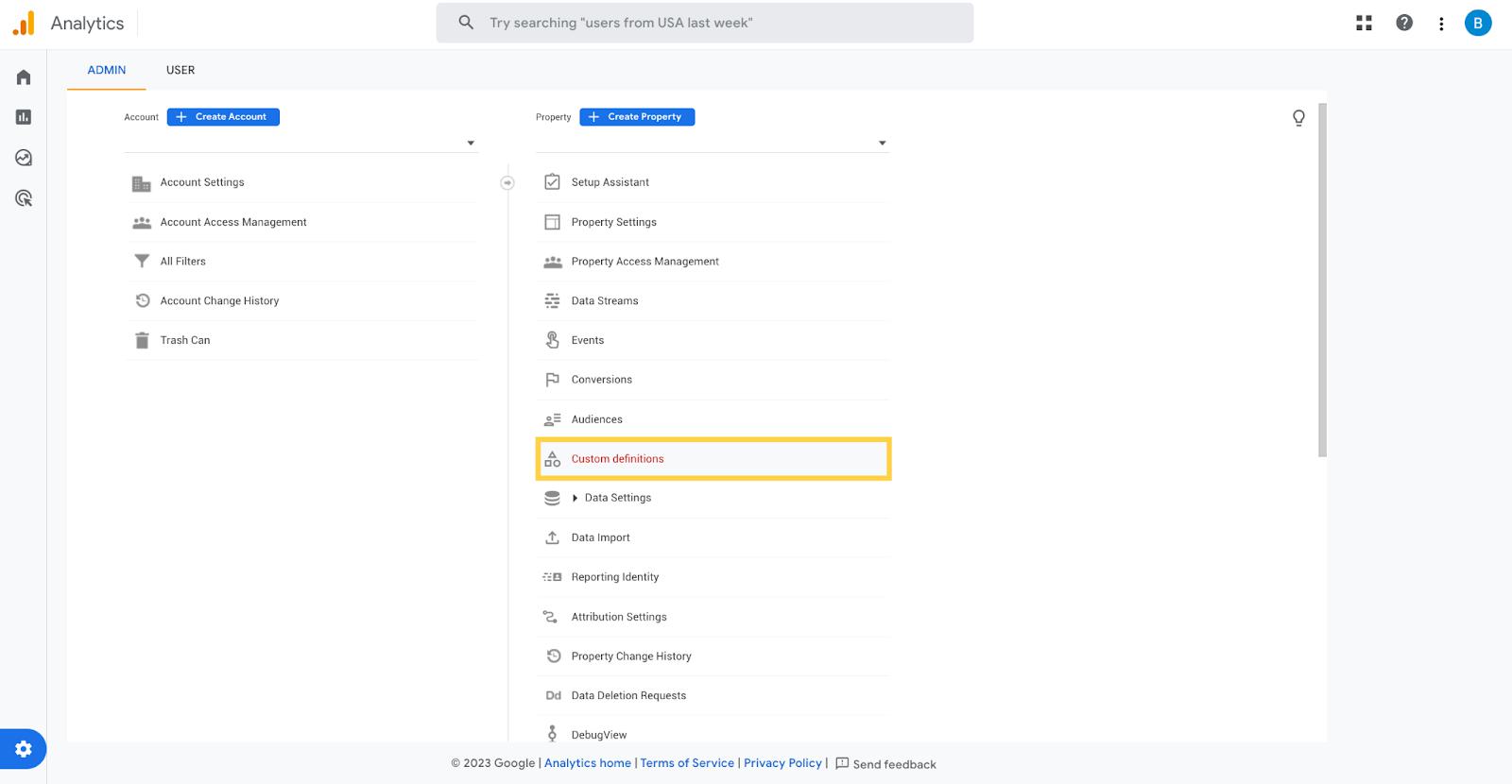 Screenshot of GA4’s Admin menu, where you can find “Custom definitions” under “Property”