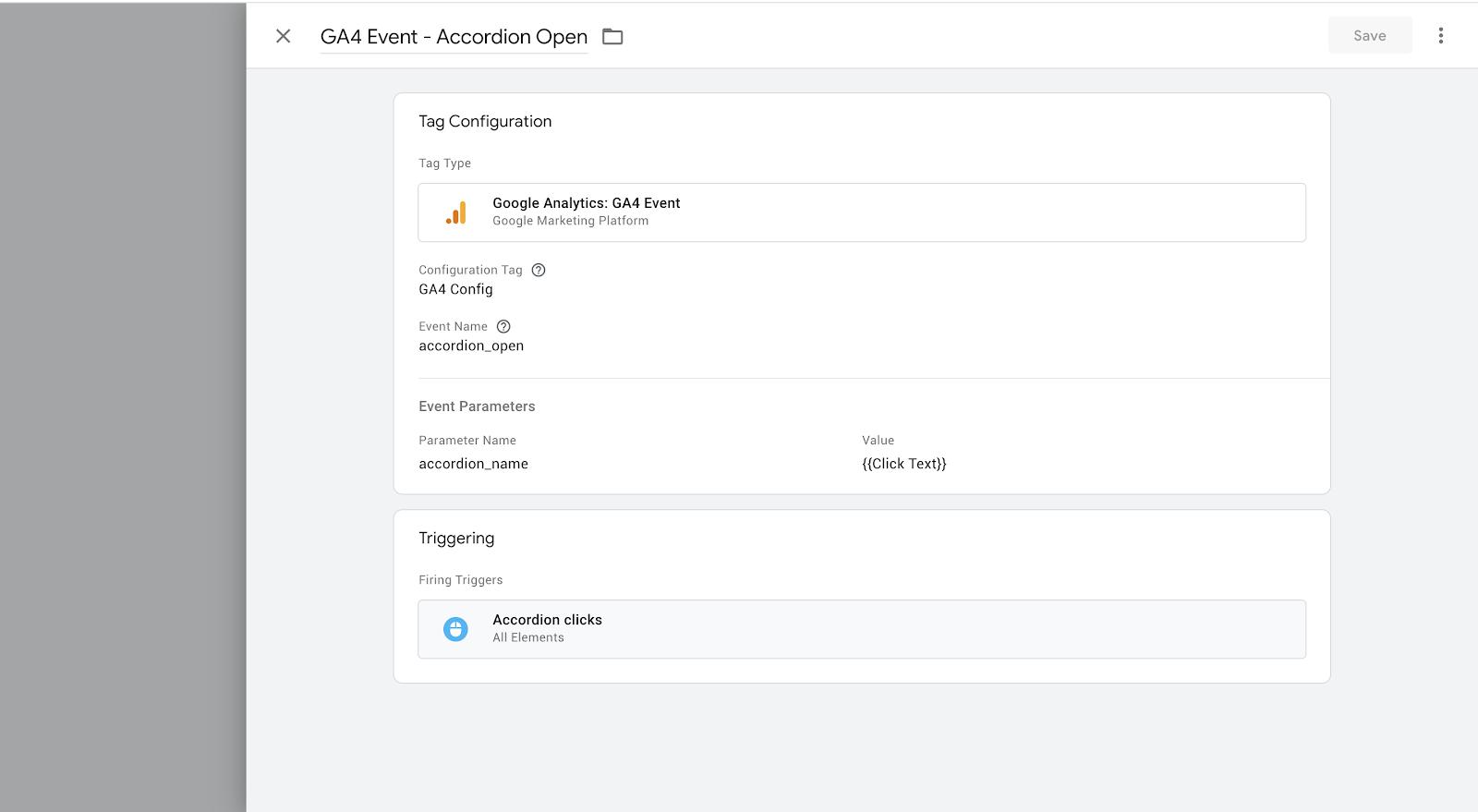 Screenshot of a GA4 event tag set up in Google Tag Manager to track accordion clicks, including an “accordion_name” event parameter