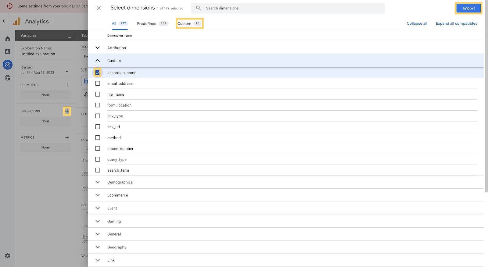 Screenshot from an Exploration report set up in GA4, where the custom “accordion_name” dimension is selected