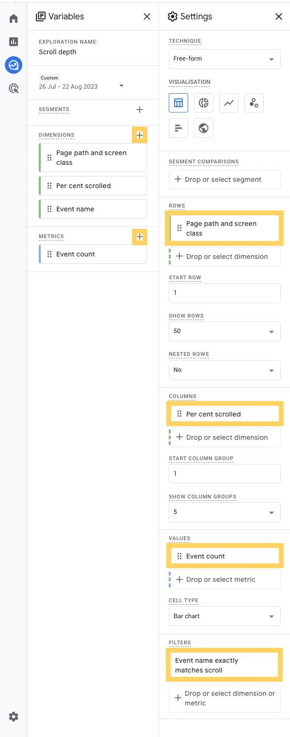 Screenshot of an Exploration report being built in GA4 to display site scroll.