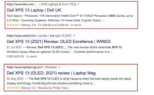Screenshot of SERP with Dell results that contain star reviews.