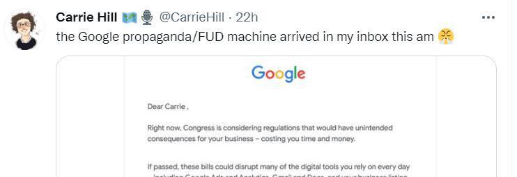 Tweet from Carrie Hill about an email from Google on possible disruption from new laws.