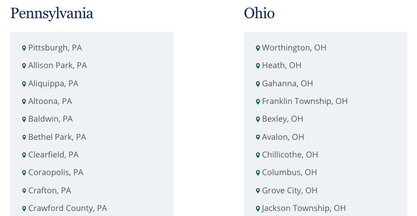Screenshot of location page showing lists of service locations in Pennsylvania and Ohio.