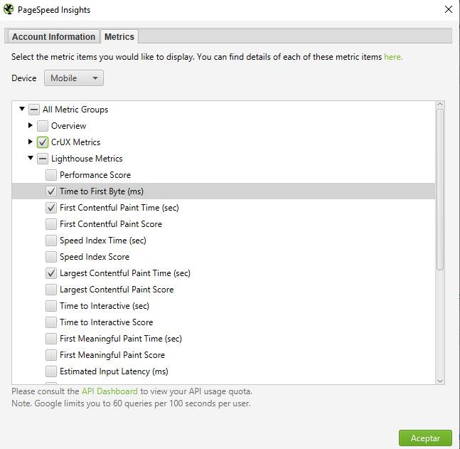 Screenshot of PageSpeed Insights metrics menu.