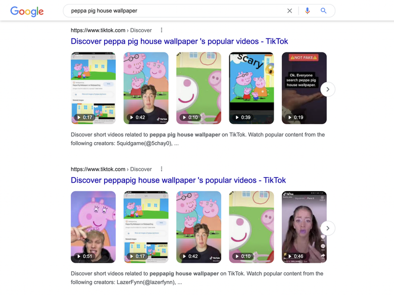 SERP showing TikTok video search results for