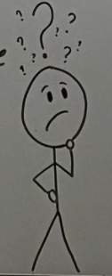 Illustration of a stick figure with question marks around their head, thinking.