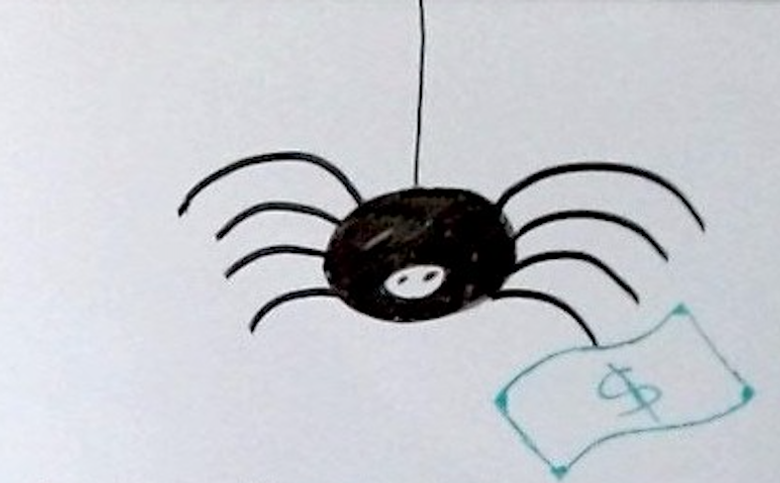 Drawing of a spider holding a dollar bill.
