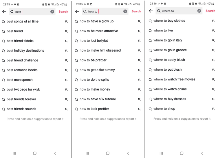 Side-by-side screenshots of TikTok search autopopulating suggested searches for