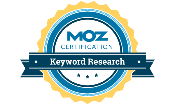 Circular yellow and blue Moz Certification badge for Keyword Research.