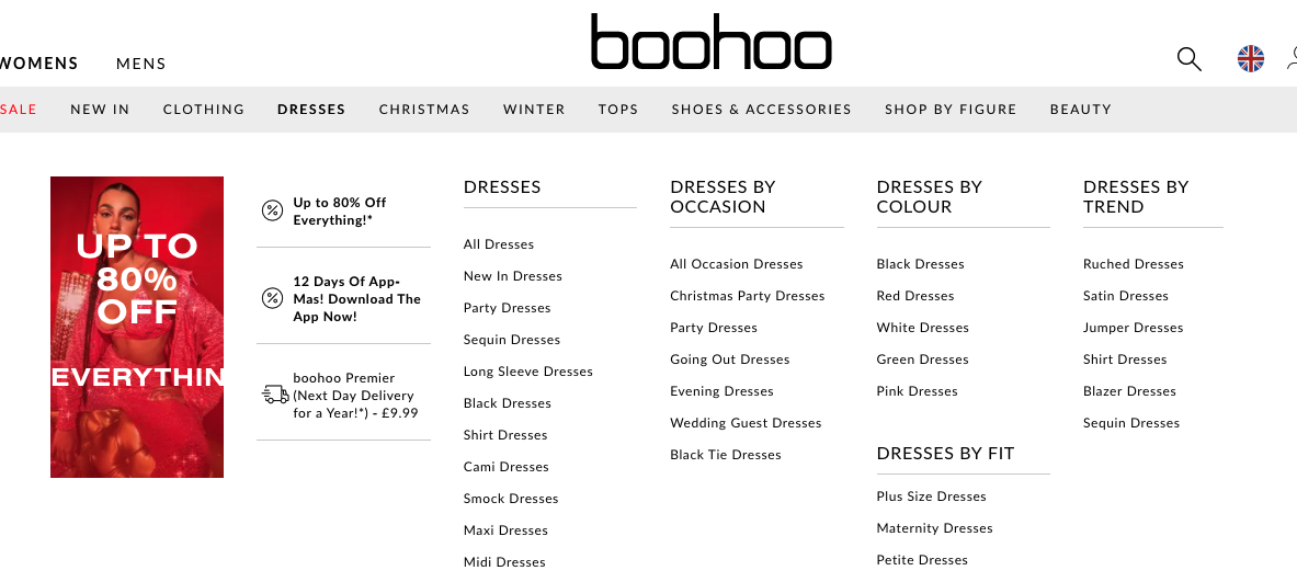 Screenshot of boohoo faceted navigation menu.