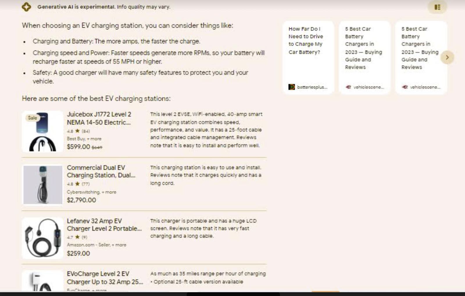 An SGE result showing home EV chargers instead of local public charging stations
