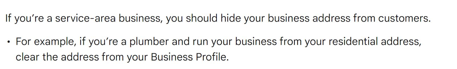 Guidelines instructing home-based service area businesses to hide their address on the GBP listings.